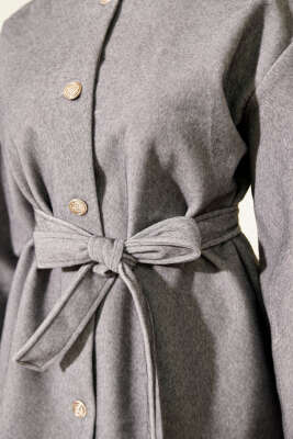 Düğmeli Kuşaklı Tay Tüyü Ceket Gri - Ceket