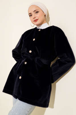 Düğmeli Kuşaklı Tay Tüyü Ceket Lacivert - VAV TEKSTİL