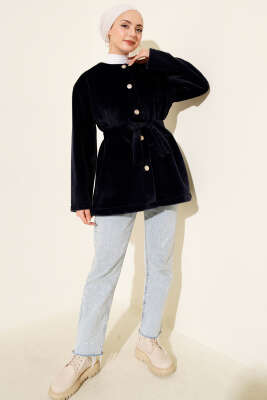 Düğmeli Kuşaklı Tay Tüyü Ceket Lacivert - Ceket