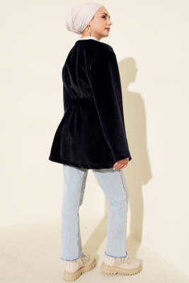 Düğmeli Kuşaklı Tay Tüyü Ceket Lacivert - Ceket