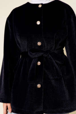 Düğmeli Kuşaklı Tay Tüyü Ceket Lacivert - Ceket