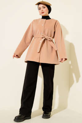 Düğmeli Kuşaklı Tay Tüyü Ceket Latte - Ceket