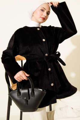 Düğmeli Kuşaklı Tay Tüyü Ceket Siyah - VAV TEKSTİL