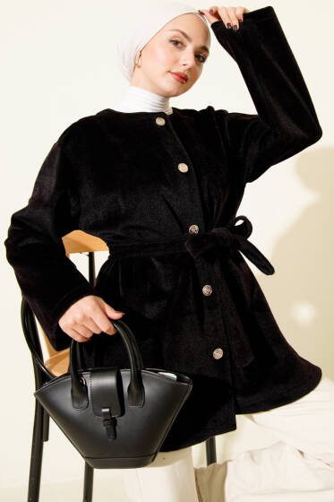 Düğmeli Kuşaklı Tay Tüyü Ceket Siyah - Ceket