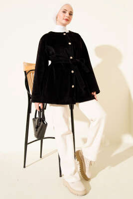 Düğmeli Kuşaklı Tay Tüyü Ceket Siyah - Ceket