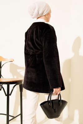 Düğmeli Kuşaklı Tay Tüyü Ceket Siyah - Ceket