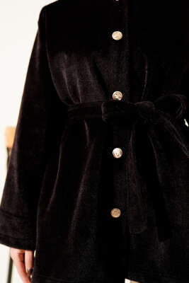 Düğmeli Kuşaklı Tay Tüyü Ceket Siyah - Ceket