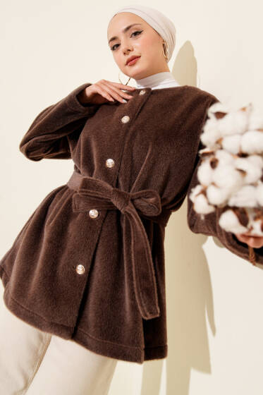 Düğmeli Kuşaklı Tay Tüyü Ceket Vizon - Ceket