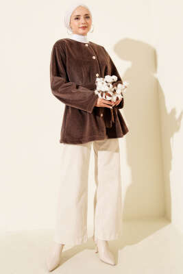 Düğmeli Kuşaklı Tay Tüyü Ceket Vizon - Ceket