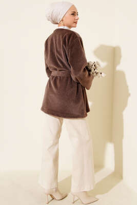 Düğmeli Kuşaklı Tay Tüyü Ceket Vizon - Ceket