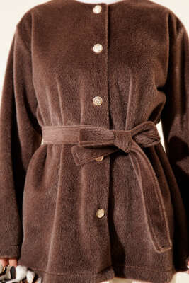 Düğmeli Kuşaklı Tay Tüyü Ceket Vizon - Ceket