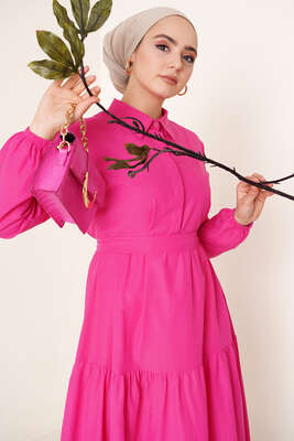 Düğmeli Kuşaklı Terikoton Elbise Fuşya - Thumbnail