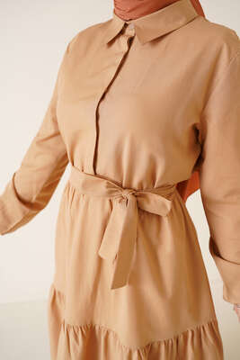 Düğmeli Kuşaklı Terikoton Elbise Latte - Thumbnail