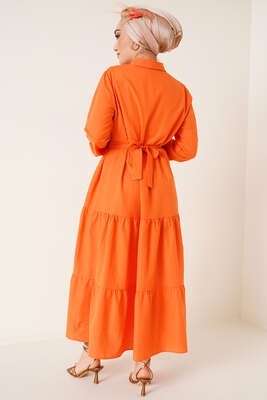 Düğmeli Kuşaklı Terikoton Elbise Oranj - Thumbnail