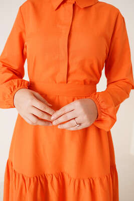 Düğmeli Kuşaklı Terikoton Elbise Oranj - Thumbnail