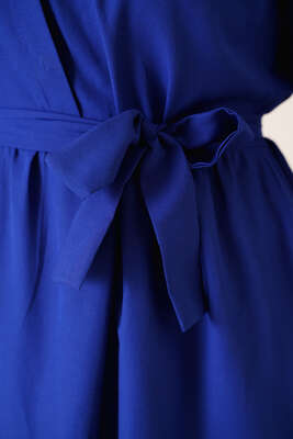 Düğmeli Kuşaklı Terikoton Elbise Saks - Thumbnail
