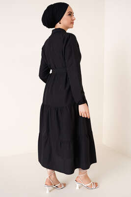 Düğmeli Kuşaklı Terikoton Elbise Siyah - Thumbnail