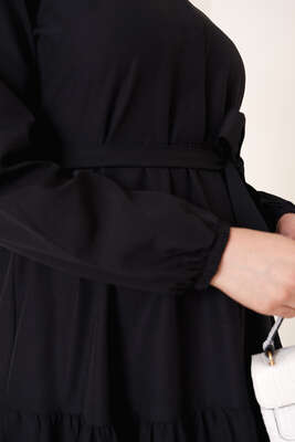 Düğmeli Kuşaklı Terikoton Elbise Siyah - Thumbnail