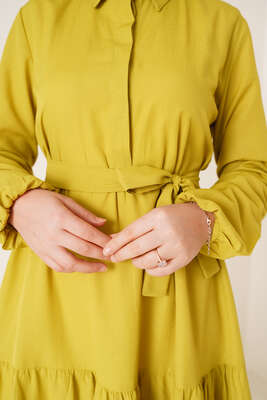 Düğmeli Kuşaklı Terikoton Elbise Yağ Yeşili - Thumbnail