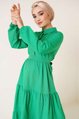 Düğmeli Kuşaklı Terikoton Elbise Yeşil - Thumbnail