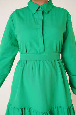 Düğmeli Kuşaklı Terikoton Elbise Yeşil - Thumbnail