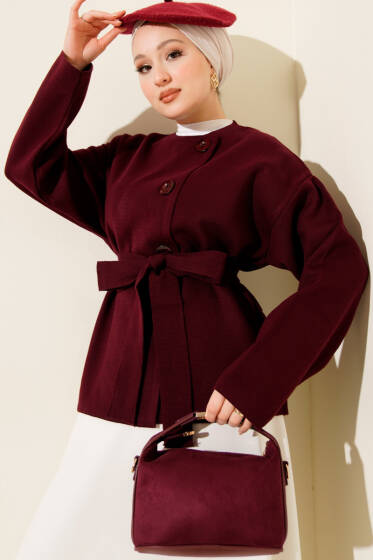 Düğmeli Kuşaklı Triko Hırka Bordo - Hırka