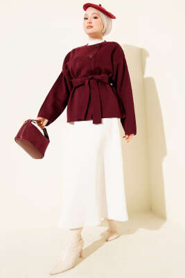 Düğmeli Kuşaklı Triko Hırka Bordo - Hırka