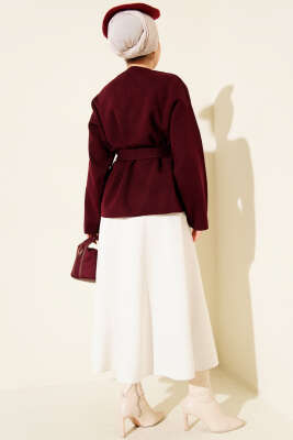 Düğmeli Kuşaklı Triko Hırka Bordo - Hırka