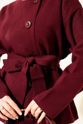 Düğmeli Kuşaklı Triko Hırka Bordo - Hırka