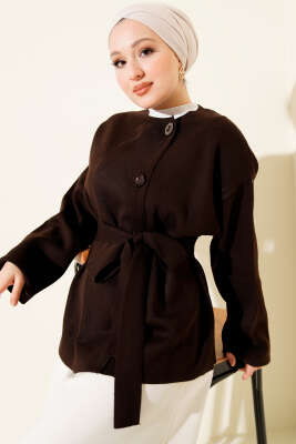 Düğmeli Kuşaklı Triko Hırka Kahve - VANİZA TRİKO