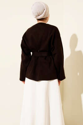 Düğmeli Kuşaklı Triko Hırka Kahve - Hırka