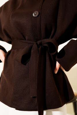 Düğmeli Kuşaklı Triko Hırka Kahve - Hırka