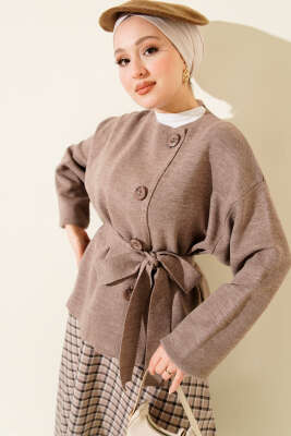 Düğmeli Kuşaklı Triko Hırka Latte - VANİZA TRİKO