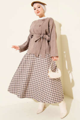 Düğmeli Kuşaklı Triko Hırka Latte - Hırka