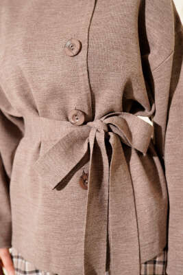 Düğmeli Kuşaklı Triko Hırka Latte - Hırka