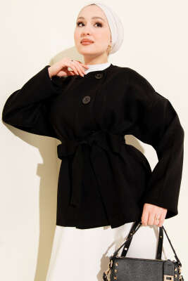 Düğmeli Kuşaklı Triko Hırka Siyah - VANİZA TRİKO