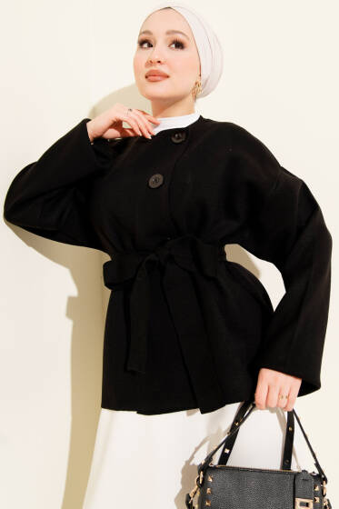 Düğmeli Kuşaklı Triko Hırka Siyah - Hırka
