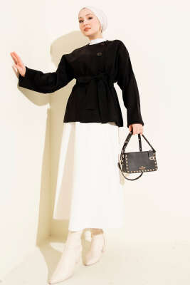 Düğmeli Kuşaklı Triko Hırka Siyah - Hırka