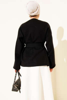 Düğmeli Kuşaklı Triko Hırka Siyah - Hırka