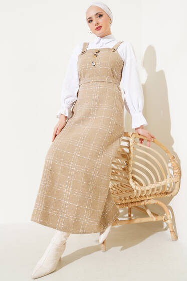 	 Düğmeli Kuşaklı Tüvit Jile Elbise Camel - Elbise