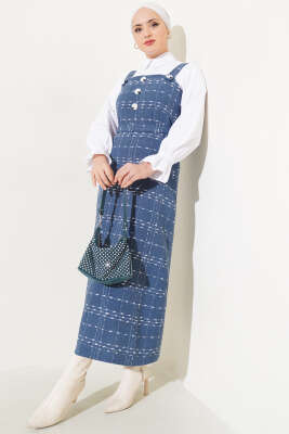 	 Düğmeli Kuşaklı Tüvit Jile Elbise İndigo 