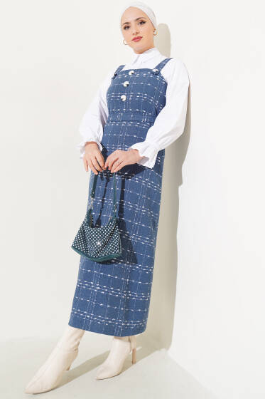 	 Düğmeli Kuşaklı Tüvit Jile Elbise İndigo - Tesettür Elbise