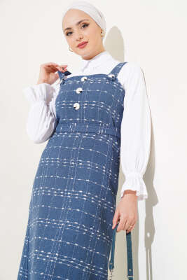 	 Düğmeli Kuşaklı Tüvit Jile Elbise İndigo - Tesettür Elbise