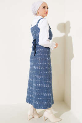 	 Düğmeli Kuşaklı Tüvit Jile Elbise İndigo - Tesettür Elbise