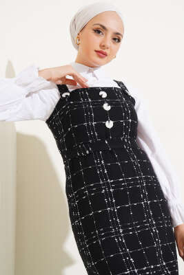 Düğmeli Kuşaklı Tüvit Jile Elbise Siyah - Tesettür Elbise