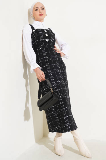 Düğmeli Kuşaklı Tüvit Jile Elbise Siyah - Tesettür Elbise