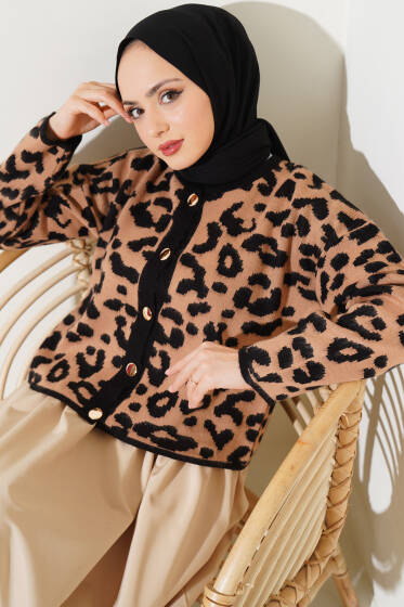 Düğmeli Leopar Desen Kısa Triko Hırka Bisküvi - Hırka