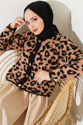 Düğmeli Leopar Desen Kısa Triko Hırka Bisküvi 