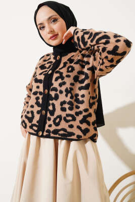 Düğmeli Leopar Desen Kısa Triko Hırka Bisküvi - Triko Hırka