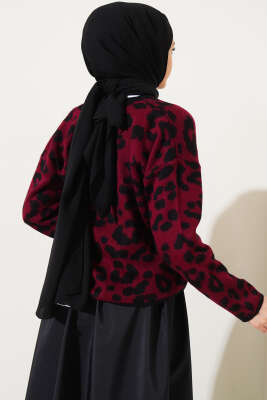 Düğmeli Leopar Desen Kısa Triko Hırka Bordo - Triko Hırka